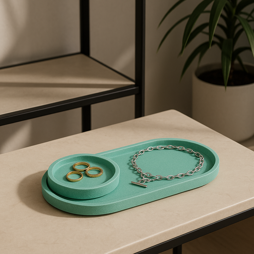 Handmade Mint Jesmonite Tray Set – Oval & Round Decorative Trays for Jewelry, Candles & Home Décor