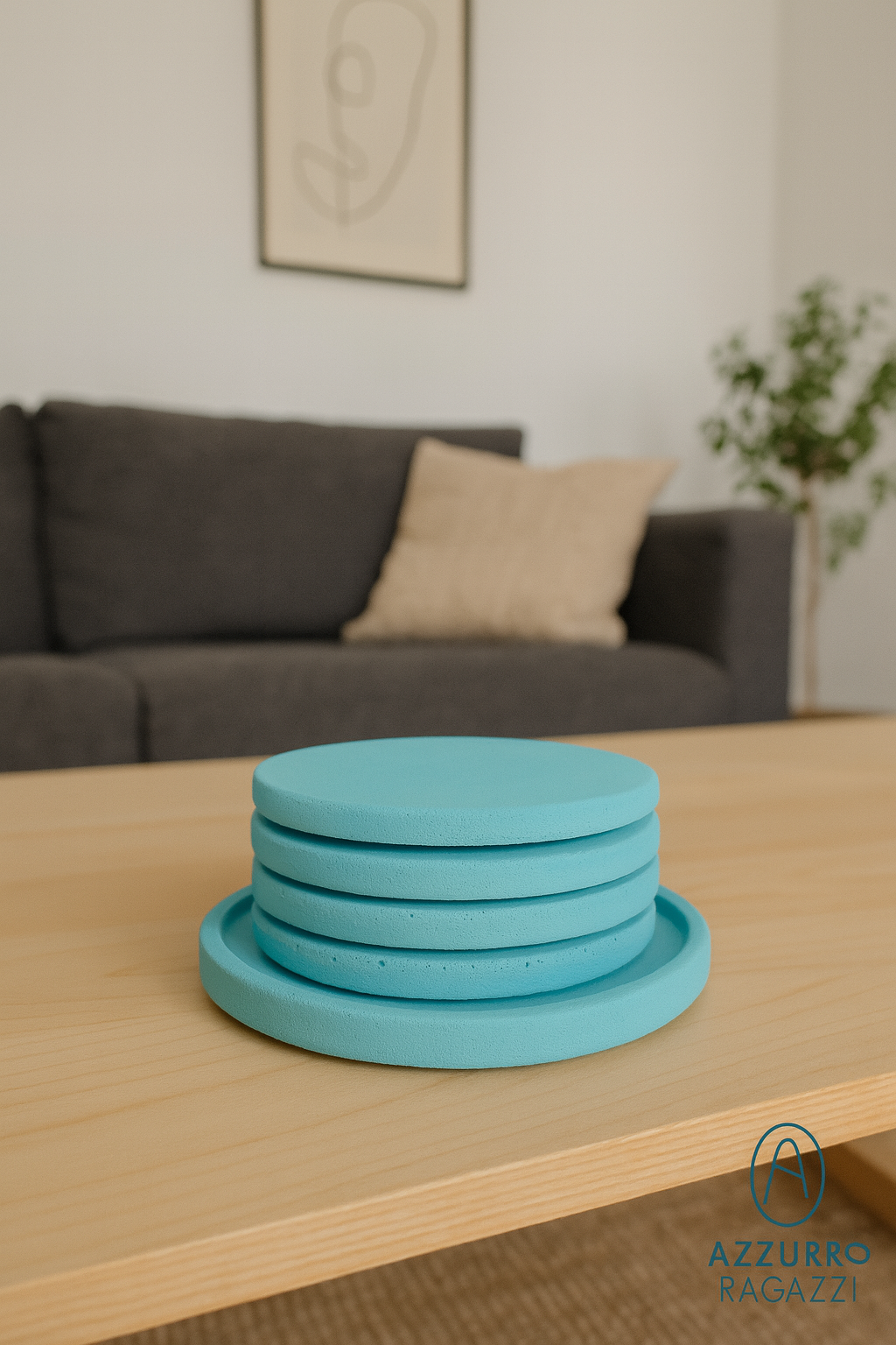Handmade Jesmonite Coasters Set (4 pcs) – Turquoise with Base