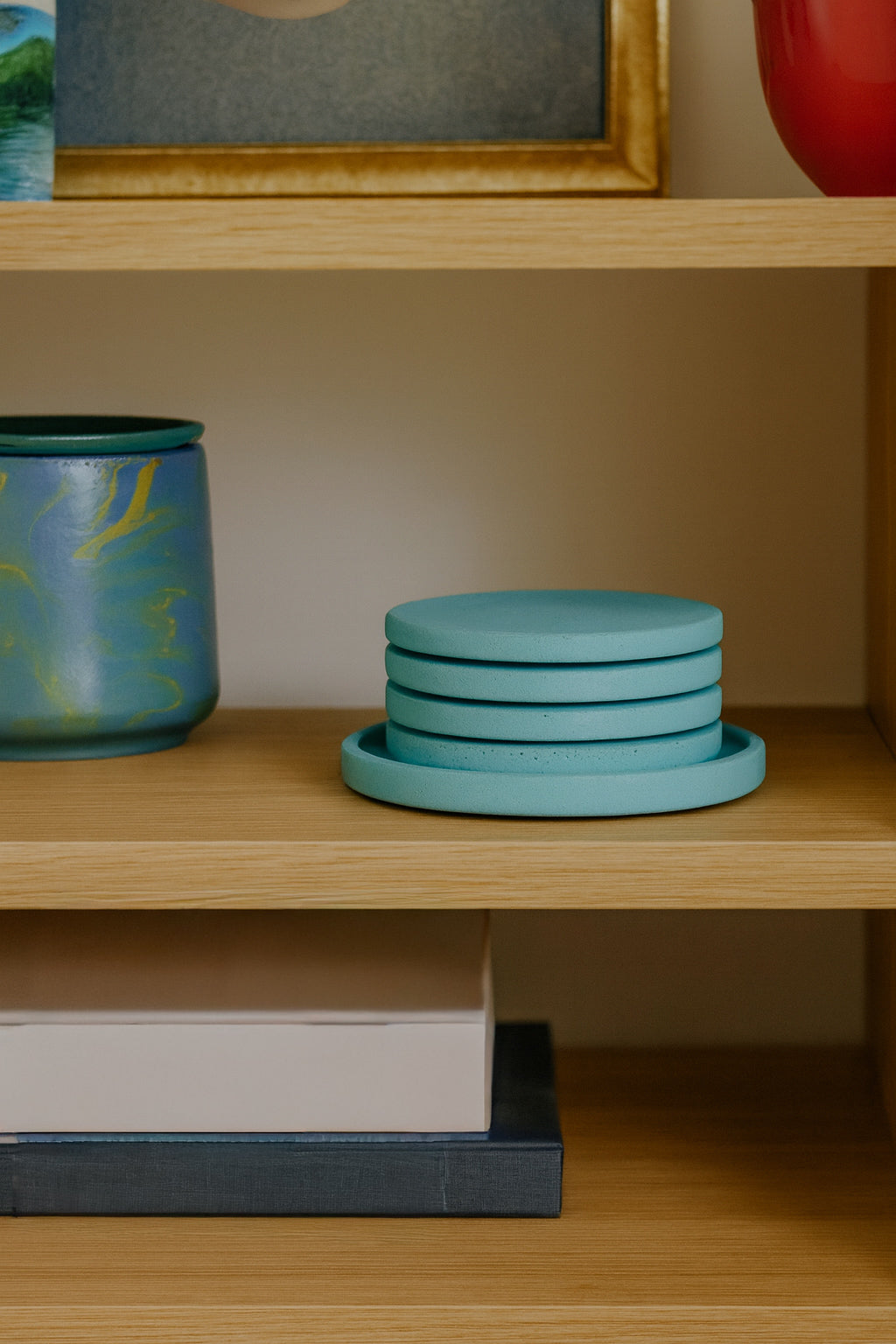 Handmade Jesmonite Coasters Set (4 pcs) – Turquoise with Base