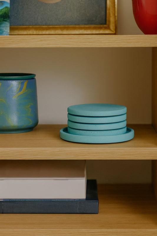 Handmade Jesmonite Coasters Set (4 pcs) – Turquoise with Base